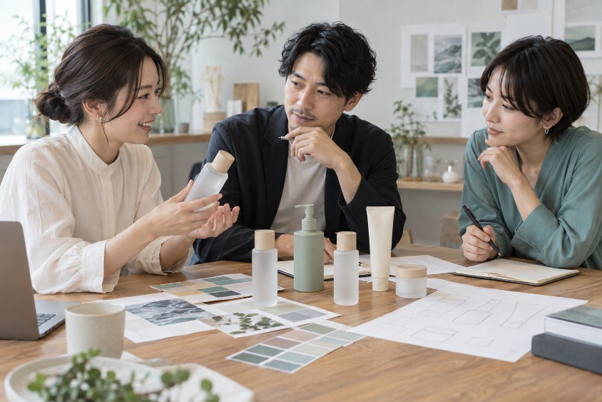 商品やパッケージを手に話し合う企画チームのイメージ
